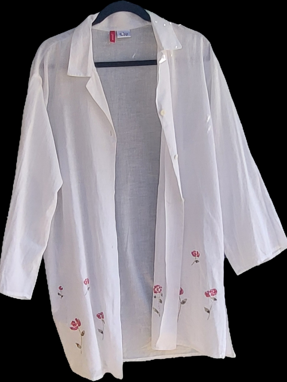Lightweight White Long Sleeve Button-Down Cove Up with Red Floral Embroidery.